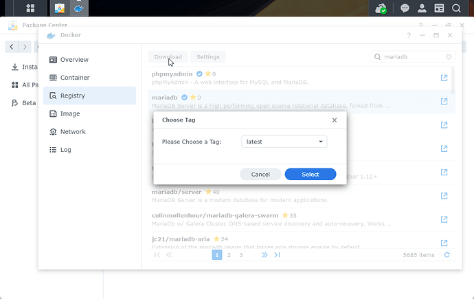 群晖(Synology)NAS 后台安装 Docker 后配置 Mariadb / MySQL插图3 群晖(Synology)NAS 后台安装 Docker 后配置 Mariadb / MySQL插图3